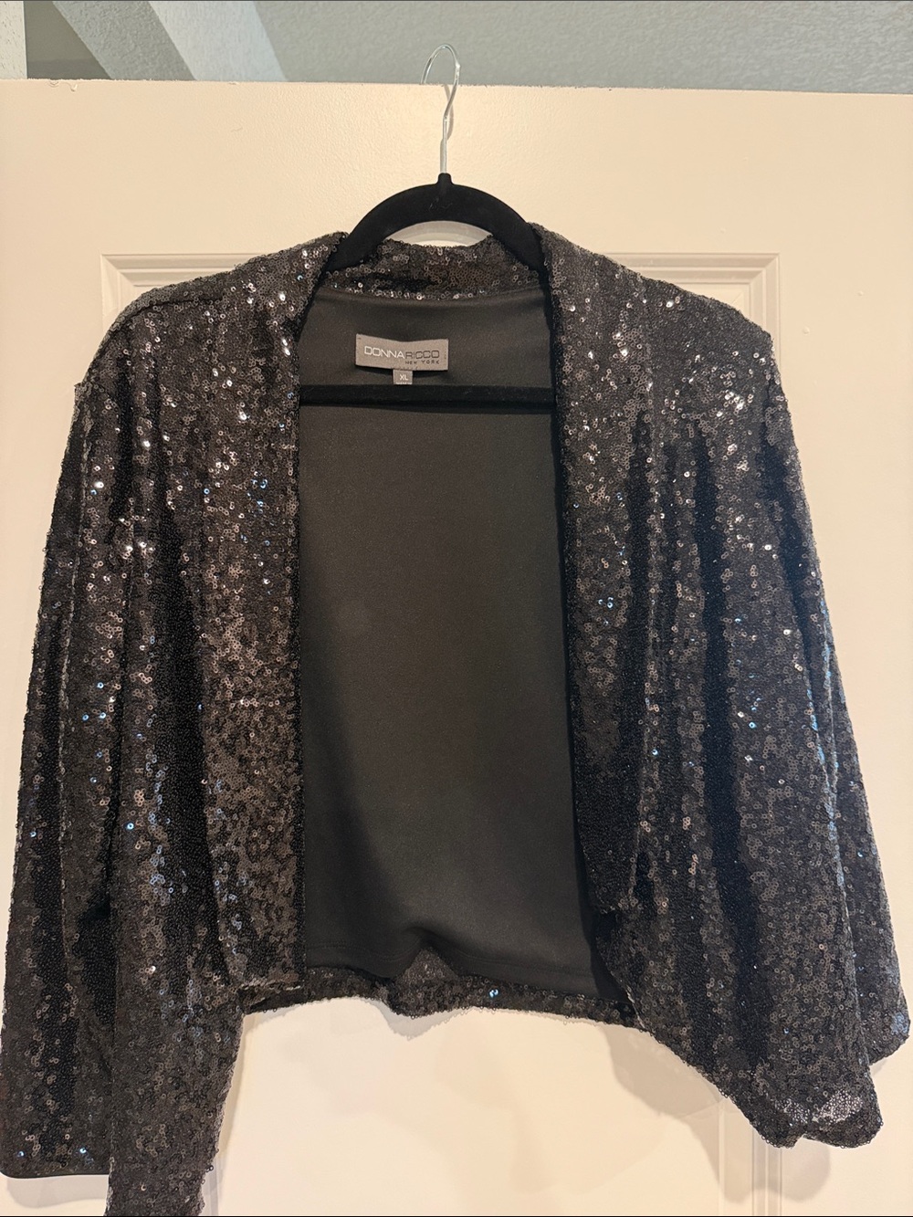 Donna Ricco Black Sequin Draped Open-Front Jacket